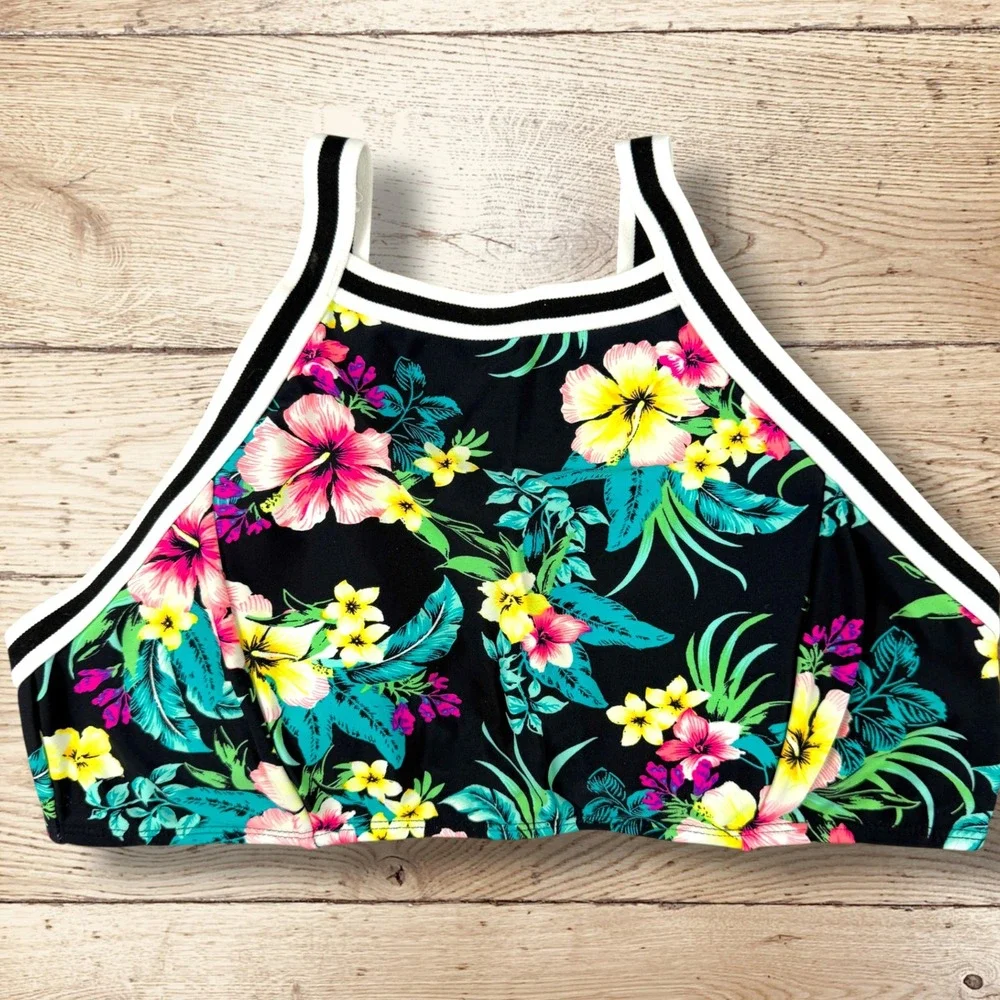 XHILARATION High Neck Halter Bikini Set Black Floral Tropical‎ Print Womens L